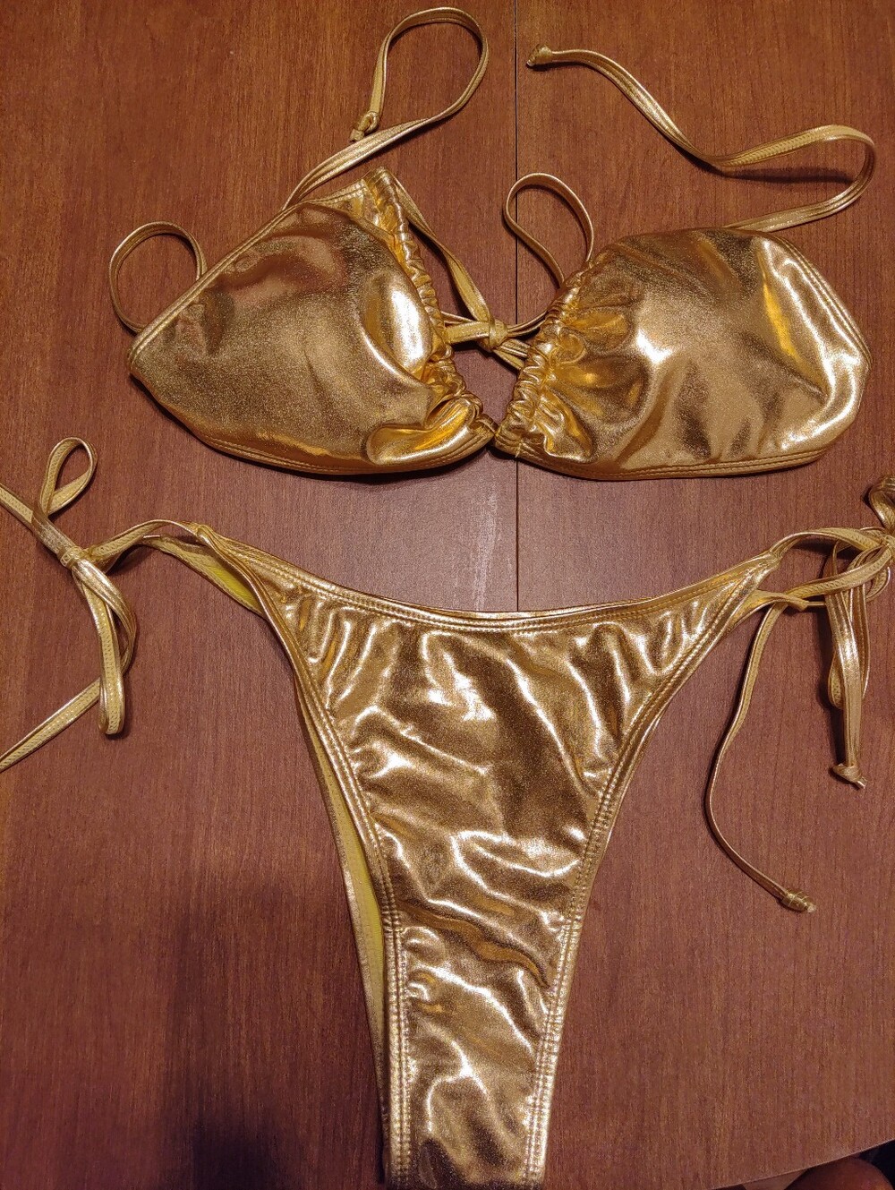 Shimmering Gold Tie-Side Bikini Set - Women's Swim